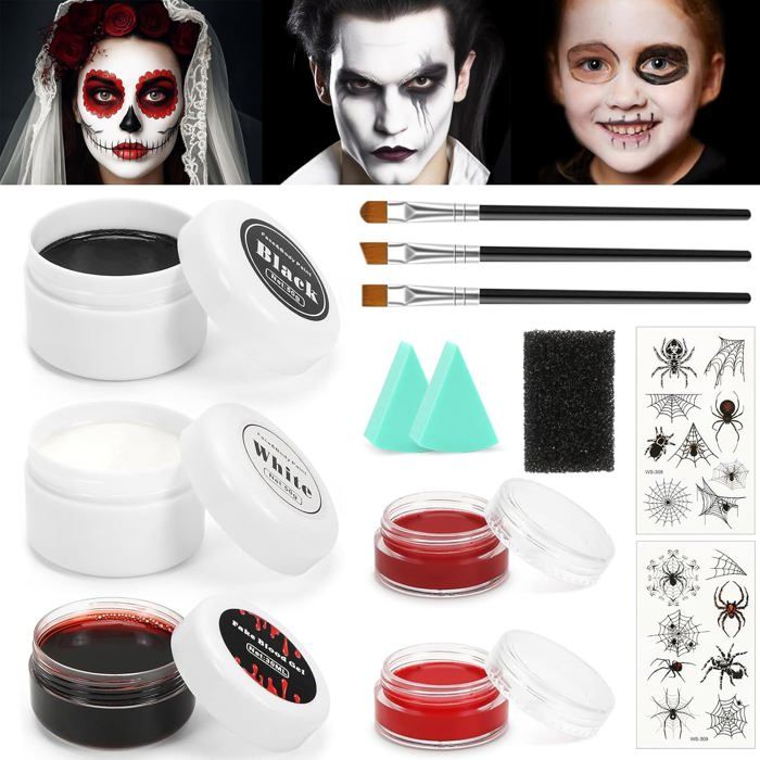 Kit Maquillage Halloween Rouge Et Blanc - 2 Pots 60g + Pinceaux - Pour Visage Et Corps, Enfant/Adulte, Cosplay - 3