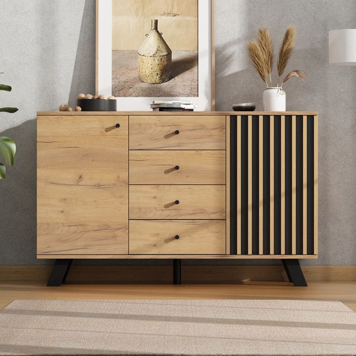 Buffet - armoire design creuse avec 4 tiroirs - table Dappoint avec 2 armoires - commode de 120 cm de large - couleur bois