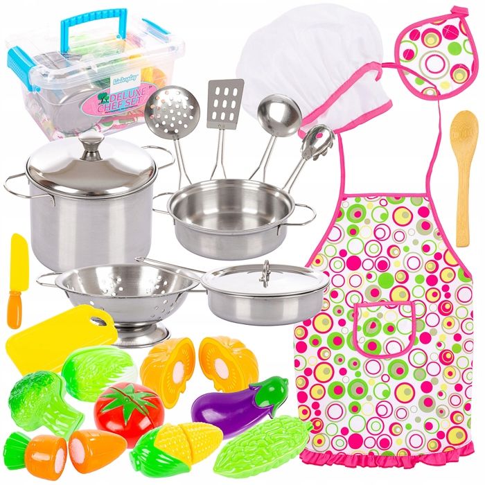 Coffret Petit Chef 24 pièces Kinderplay – Set cuisine enfants (3-7 ans) avec casseroles métal légumes à scratch tablier Coffret Petit Chef 24 pièces Kinderplay – Set cuisine enfants (3-7 ans) avec casseroles métal légumes à scratch tablier