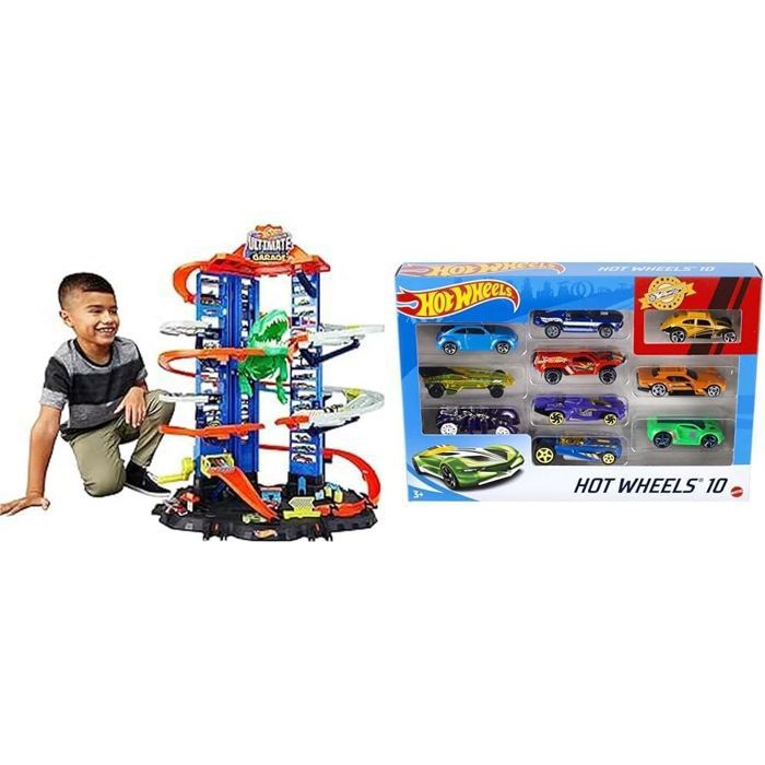 Garage Hot Wheels City Super Dino Robot avec T-Rex - Coffret 10 véhicules & Capacité du garage 100 voitures