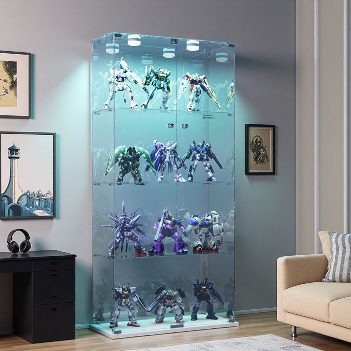 Vitrine en verre vitrine sur pied en verre avec LED 4 étagères et 2 portes à serrure armoire de collection moderne vitrine blanc