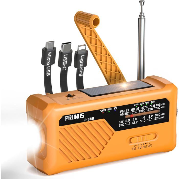 J-366 Radio a Pile Survie (AAA) Radio Portable d’Urgence à Manivelle avec Batterie Rechargeable 2000mAh Alarme SOS/Lampe de Poche