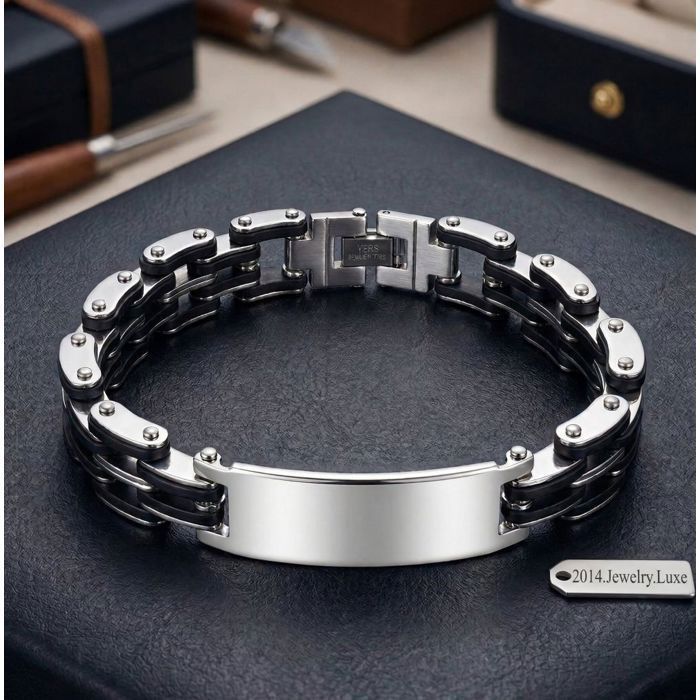 Bracelet - Biker - Homme - Acier - Inoxydable - Caoutchouc - Plaque à Graver - 22 cm - Large 14 mm