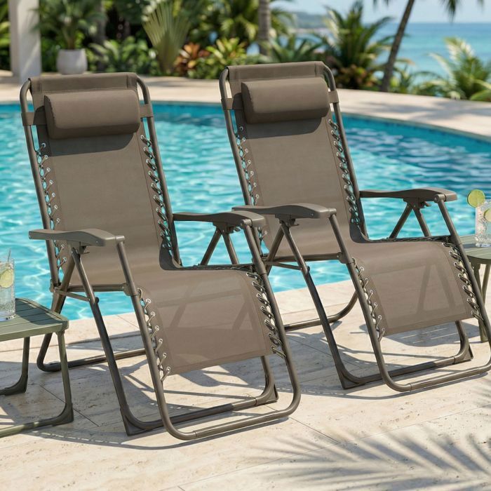 CASABEL lot de 2 chaises pliantes Zéro Gravité taupe fauteuils extérieurs inclinables et confortables en Acier et toile Textilene