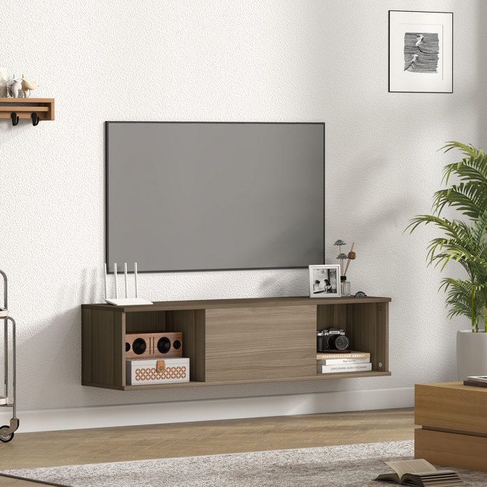 MOTHINESSTO4404-Meuble TV suspendu Armoire murale avec 2 compartiments ouverts et porte rabattable 120 x 30 x 295 cm marron