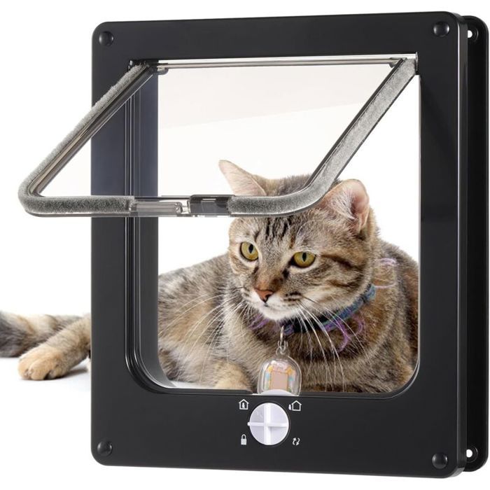 Chatière silencieuse pour chat avec serrure 4 voies résiste intempéries pour bois UPVC noir taille L