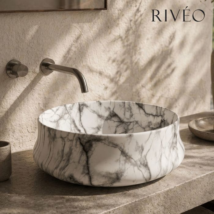 Vasque à poser ronde blanche marbrée Ø45 5 cm - Céramique effet marbre avec bonde assortie incluse - Rivéo