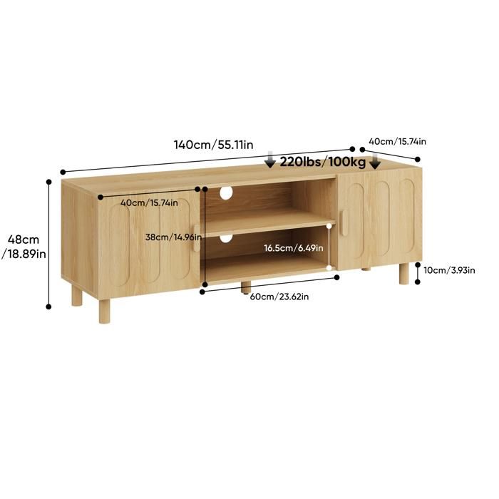 meuble TV 140 cm avec rangement 2 portes 2 niches ouvertes style campagne vintage décor chêne MDF ORVRYN