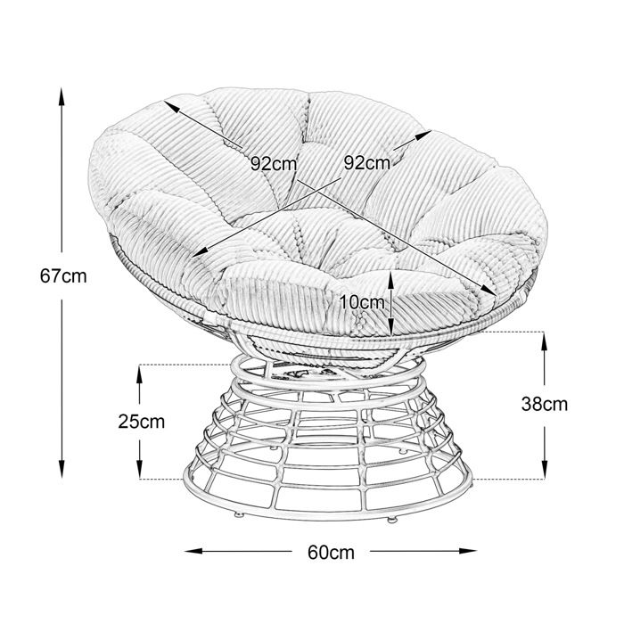 Modenuit fauteuil papasan pivotant 360° 92 cm avec coussin épais acier et rotin PE blanc et marron