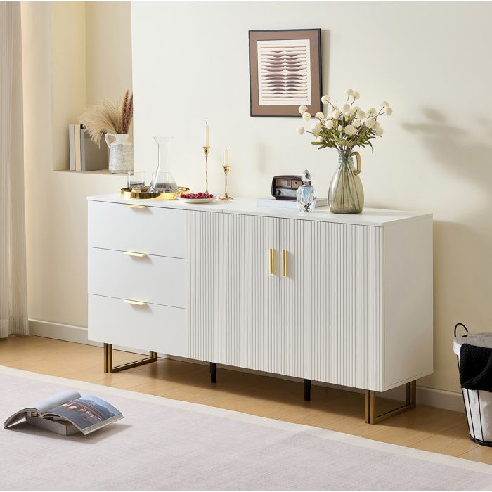 WOVREO Buffet bas 160 x 40 x 81 5 cm 2 portes et 3 tiroirs MDF blanc poignées dorées