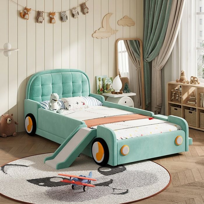 Lit enfant capitonné 90×200cm Lit simple Lit rembourré en velours Forme de voiture avec toboggan escalier réversible bleu-vert