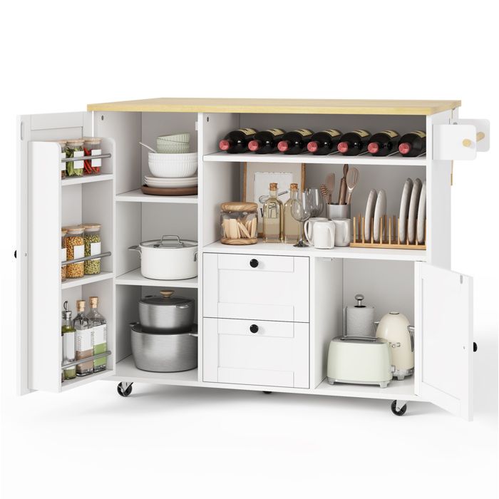 Îlot central de cuisine mobile – MDF – plateau rabattable – blanc et bois naturel
