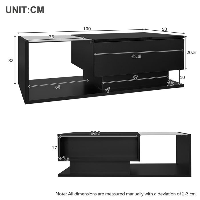 Table basse - ZEVKOR - 100 x 50 x 32 cm - Brillant noir - Plateau en verre - 1 tiroir & LED