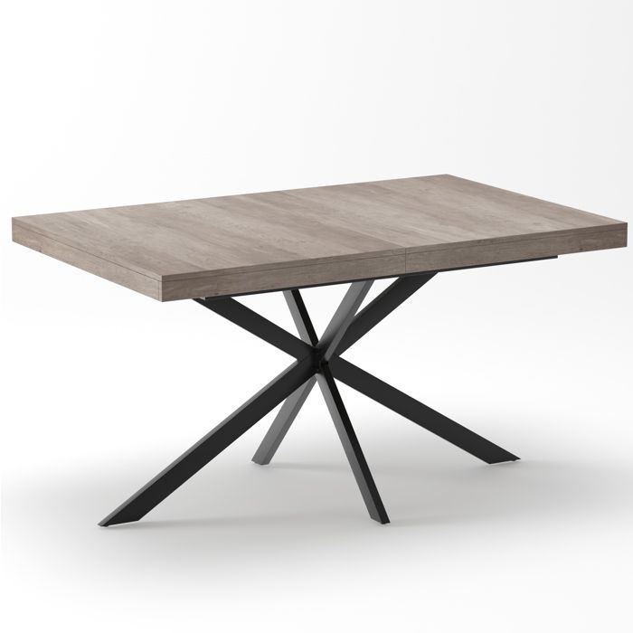 Table à manger rectangulaire extensible 140-180 cm grise en MDF et métal avec rangement intégré