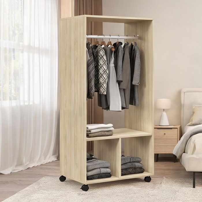 Armoire penderie 60x40x128 cm en bois naturel 4 roulettes pivotantes rangement polyvalent