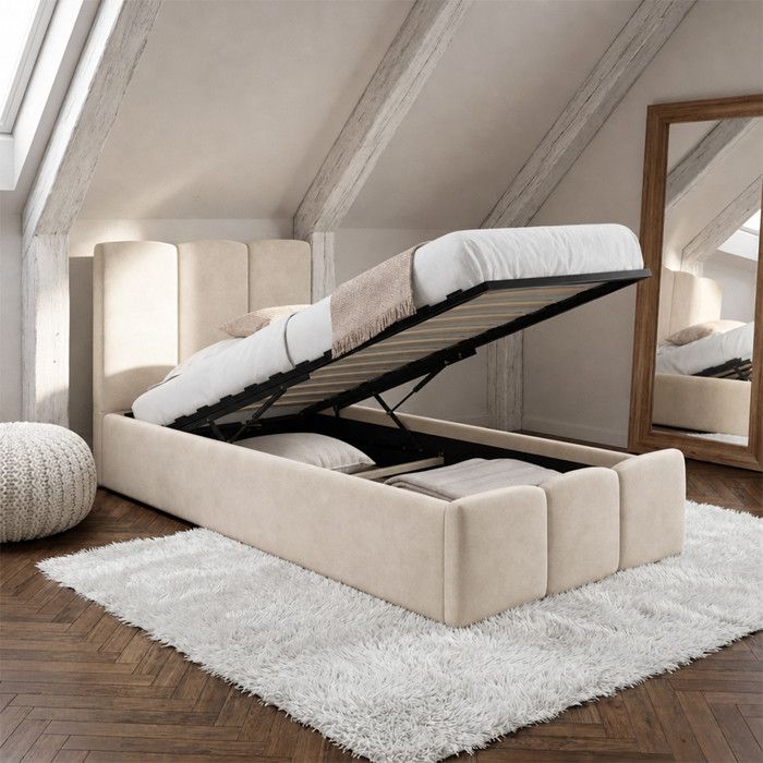 Lit coffre NUAGE tête de lit + sommier 90x190cm velours beige Lit coffre NUAGE tête de lit + sommier 90x190cm velours beige