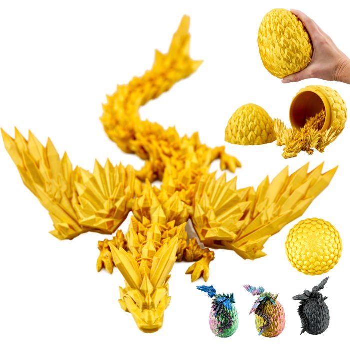 Figurine décorative dragon ailé 20 cm avec œuf de 10 cm statuette imprimée en 3D objet de collection - Doré