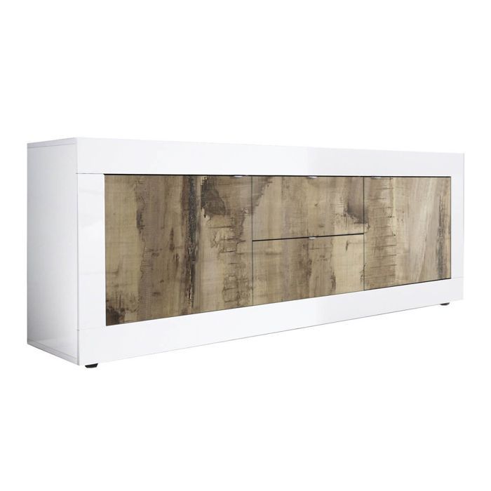 OTELLO - Meuble TV 2 Portes 2 Tiroirs Finition Blanc Laqué et Aspect Bois Antik OTELLO - Meuble TV 2 Portes 2 Tiroirs Finition Blanc Laqué et Aspect Bois Antik