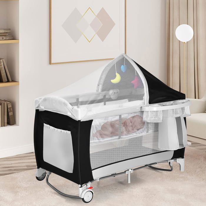 Lit Parapluie Bébé 0-36Mois Pliable - GOPLUS - Charge 15KG - 2 Roues Verrouillables-Matelas/Table à
