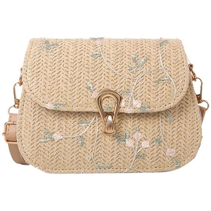 sac à bandoulière en paille pour femme - sac de plage d'été en dentelle florale - sac à main en rotin pour femme