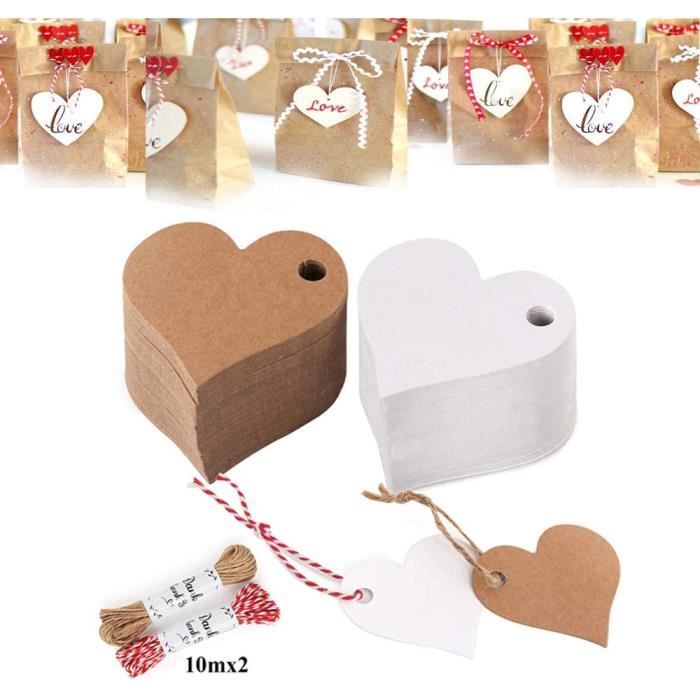 Lot De 150 Étiquettes Papier Kraft Marron 5x10 Cm Avec Cœur Et Corde De Jute 30m