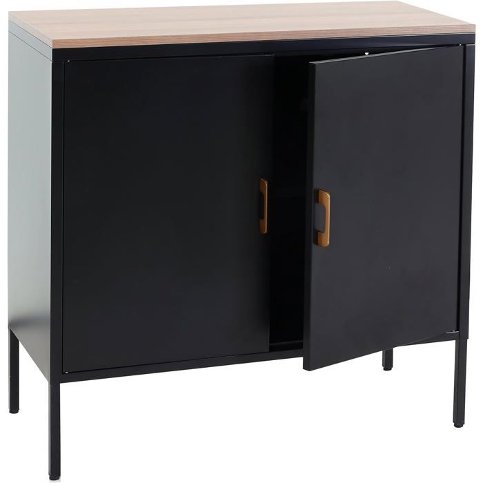 Commode meuble de rangement bureau buffet 2 portes metal 90x90x40cm melamine noir plateau MDF 2 compartiments avec portes MED04083 Commode meuble de rangement bureau buffet 2 portes metal 90x90x40cm melamine noir plateau MDF 2 compartiments avec portes MED04083