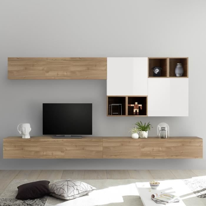 Meuble Tv 65 Pouces Suspendu Meuble Tv Suspendu Couleur Chene Et Blanc Belfiore Marron L 275 X