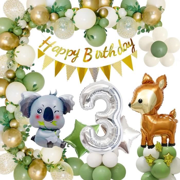 Ensemble de thème animal de 3e anniversaire, décoration d'anniversaire pour  enfants de 3 ans, ballons géants en aluminium vert numéro 3, pour garçons  filles Fête de safari de la maternelle Déc