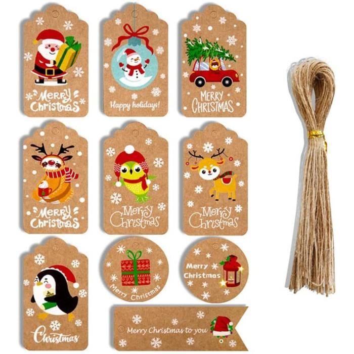 50 étiquettes Cadeaux De Noël En Kraft Avec Ficelle Jute - 10 Motifs Différents, Pour Emballage Créatif