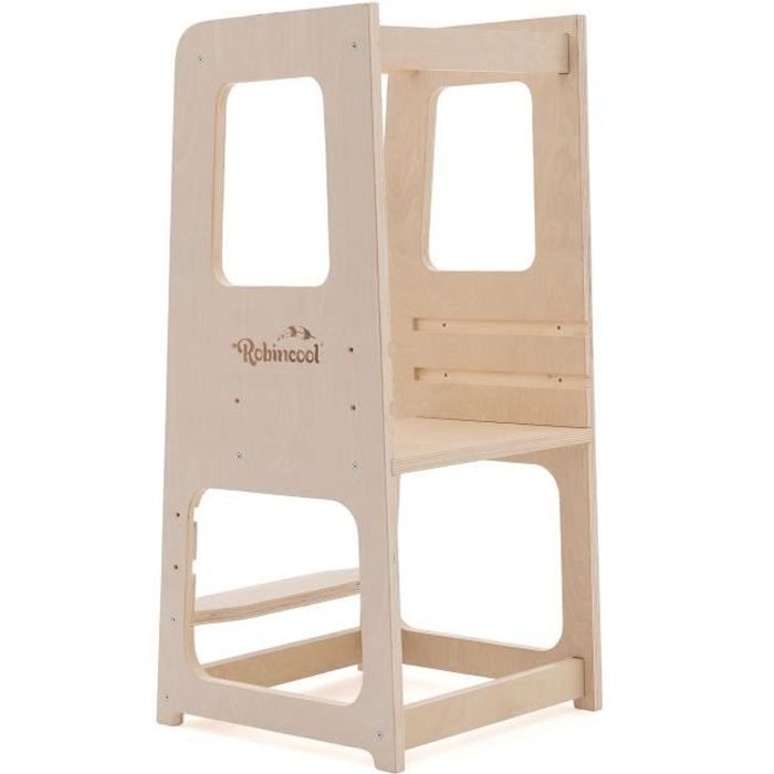 Tour D'Observation Montessori Réglable En Hauteur – Chaise D'Apprentissage Stable En Bois Pour Enfants 18 Mois à 6 Ans, Design R Moderne Et Sécurisé, Blanc/Naturel