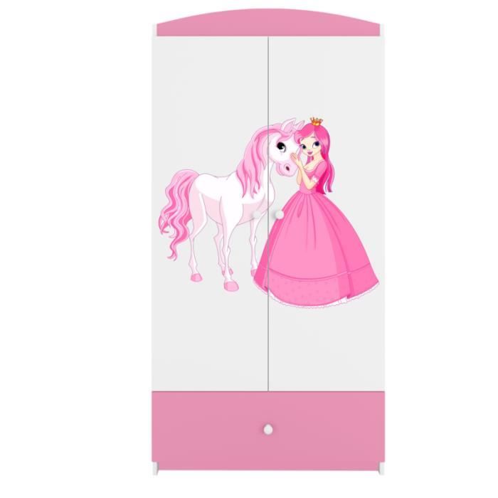 armoire enfant princesse et cheval 2 portes 1 tiroir de rangement - rose