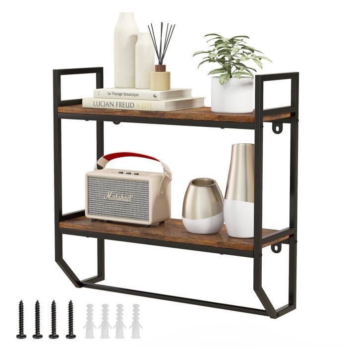 COSTWAY Étagère Murale de Rangement Industriel 2 Niveaux Étagère Flottante avec Barre de Suspension pour Salon Cuisine Salle de Bain