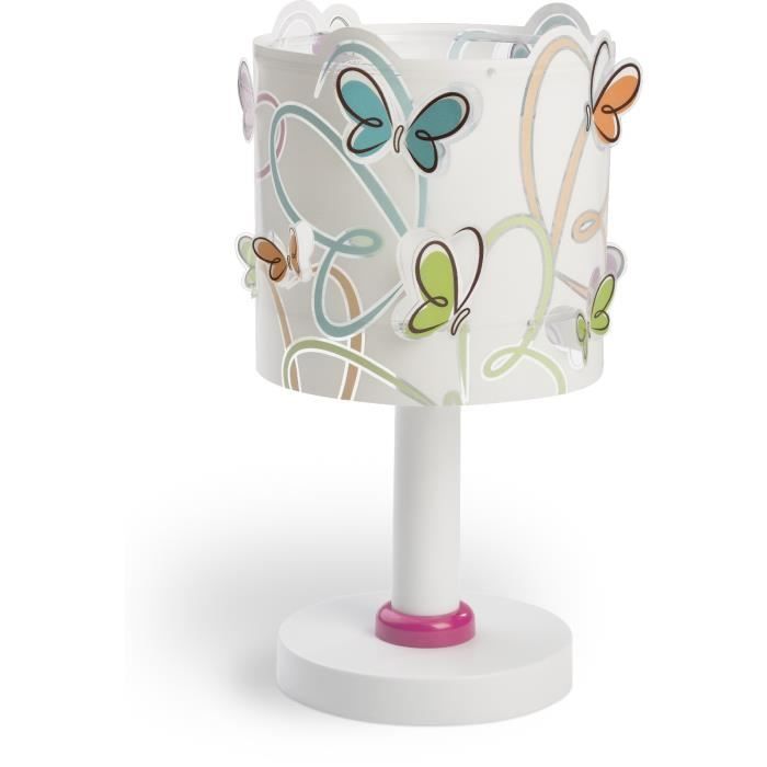 Dalber - Lampe de chevet enfant - Butterfly - Motif papillons colorés, L 15 cm, H 30 cm, Blanc, rose, vert, bleu