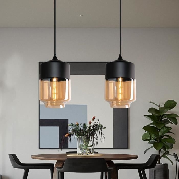 MOGOD 2x Moderne Lustre en Verre E27 Luminaire Plafonde Vintage Abat-Jour Ambre Noir Ø18cm - Style C
