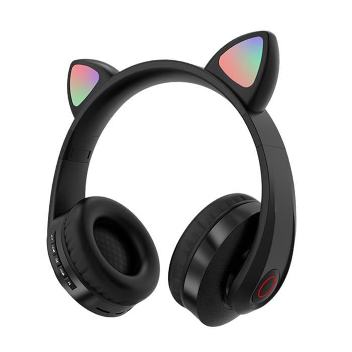 QOTSTEOS Casque de jeu avec oreilles de chat mignons, pliable et extensible  avec microphone, son stéréo lumineux (noir)