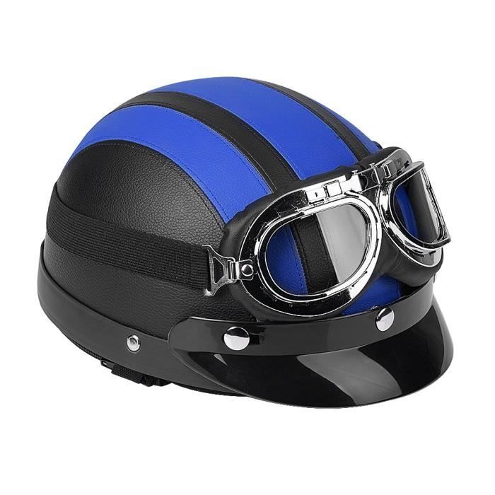 Casque de Moto Scooter Demi Cuir Ouvert avec Visière UV Lunettes Rétro Style Vintage 54-60cm - Bleu