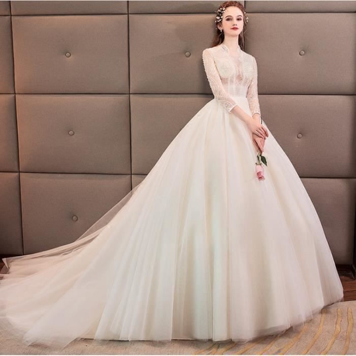 Robe De Mariee Nouveau Hiver Dos Ouvert Dentelle Profonde Col En V Robe De Mariee A Manches Longues Trailing A Ligne Grande Taille Blanc Blanc Achat Vente Robe De Mariee Cdiscount