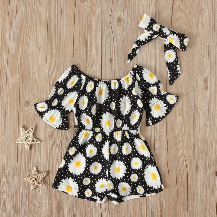 0 4 Ans B b Enfant Fille Combinaison Courte t Combishort Fleuri Manche Courte avec Bandeau Cheveux