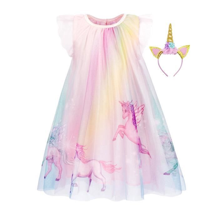 JiAmy Robe Licorne Princesse Pour Filles - Robe à Volants Manches Courtes En Coton Avec Tutu Tulle, Parfaite Pour Fête D'Anniversaire 3 à 8 Ans