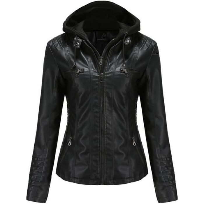 Veste en cuir pour Femme Mode Slim Fit Avec Capuche Couleur unie