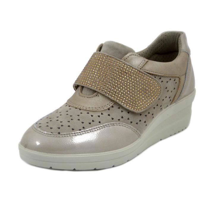 Chaussure femme daim talon compens IMAC Beige Strass