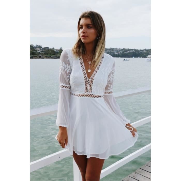 Robe Courte Femme Mini Robe Manches Longues Robe Noel Femme Robe De Femme Col V Robe Chemise Decontractee Robe Casual Blanc XL Blanc Cdiscount Pret a Porter