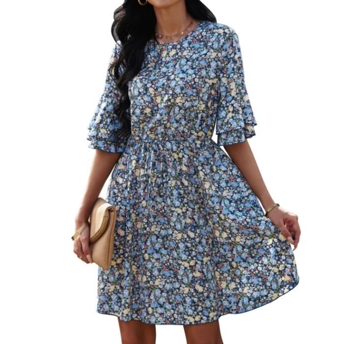 Robe ?? Manches Courtes Pour Femme - ??l?�gante Robe Midi Avec Motif Floral - ??t?� ?? Manches Courtes 