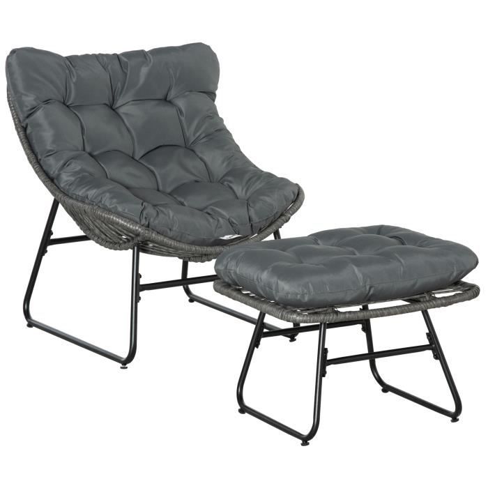 Outsunny Fauteuil chaise de jardin avec repose-pieds en métal époxy et résine tressée aspect rotin avec coussins moelleux - gris