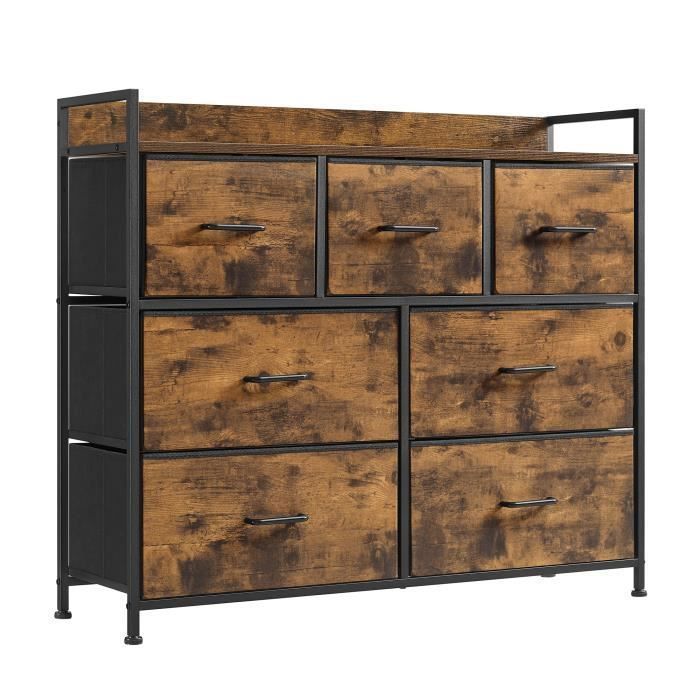 SONGMICS Commode Armoire Meuble de Rangement 7 Tiroirs en Tissu avec Poignées Cadre en Métal Marron Rustique et Noir dEncre