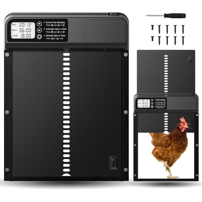 Porte Automatique Pour Poulailler Avec Minuteur LCD - Alliage Aluminium étanche - Batterie Longue Durée & Sécurité Anti-pincement