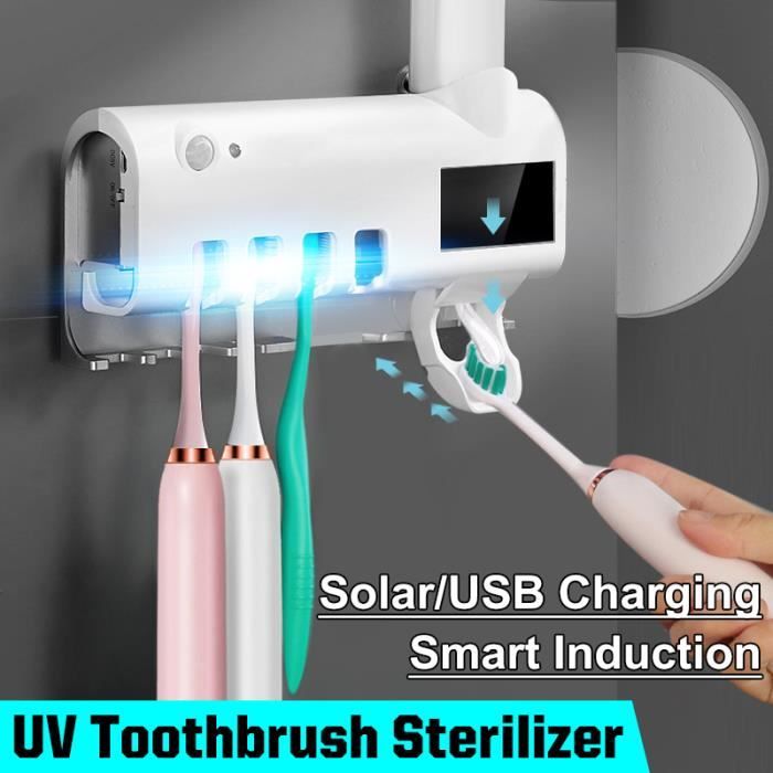 stérilisateur de brosse à dents UV support de brosse à dents avec autocollant distributeur de dentifrice automatique HaavPoois Support de brosse à dents UV