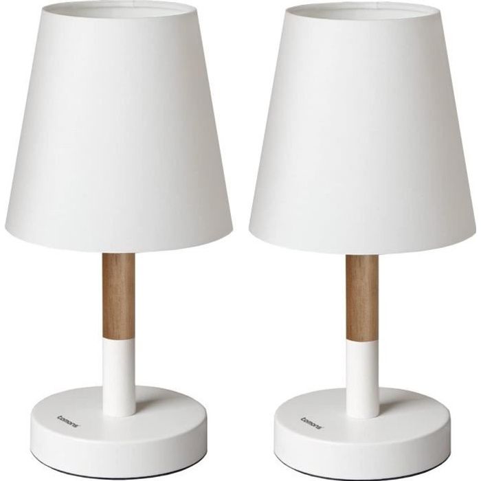 TOMONS Lot de 2 Lampes de Chevet LED - Bois et tissu - Blanc TOMONS Lot de 2 Lampes de Chevet LED - Bois et tissu - Blanc