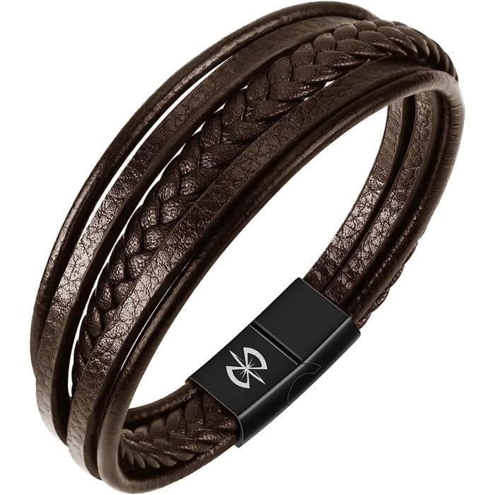 Bracelet Homme EKLAT Cuir Et Acier Inoxydable Tressé Avec Agate, Ajustable, Neuf Avec étiquette