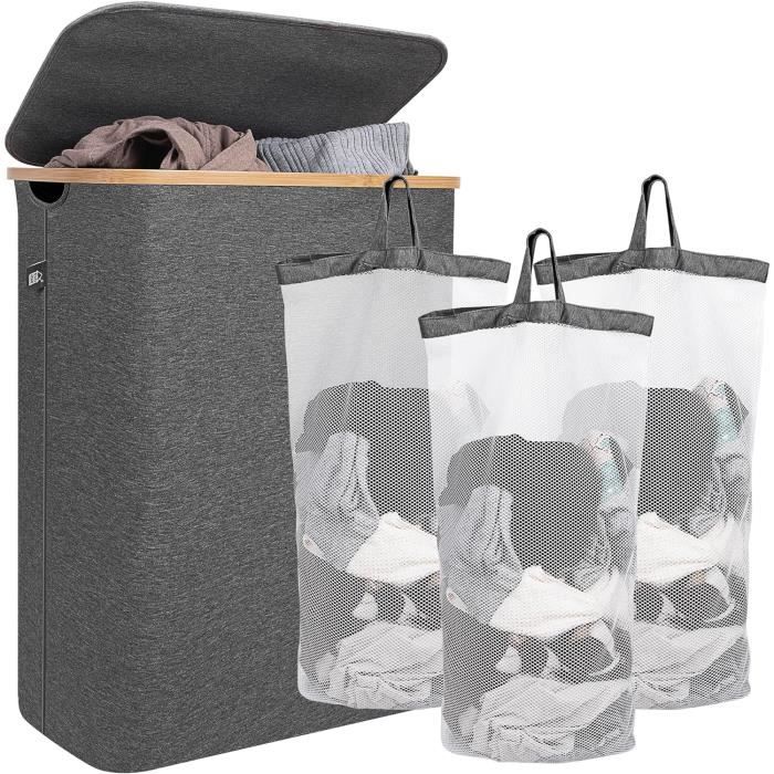 Panier à Linge Sale 105L Avec Couvercle - Tissu Oxford Gris - Poignées & Sac Amovible - Corbeille Buanderie